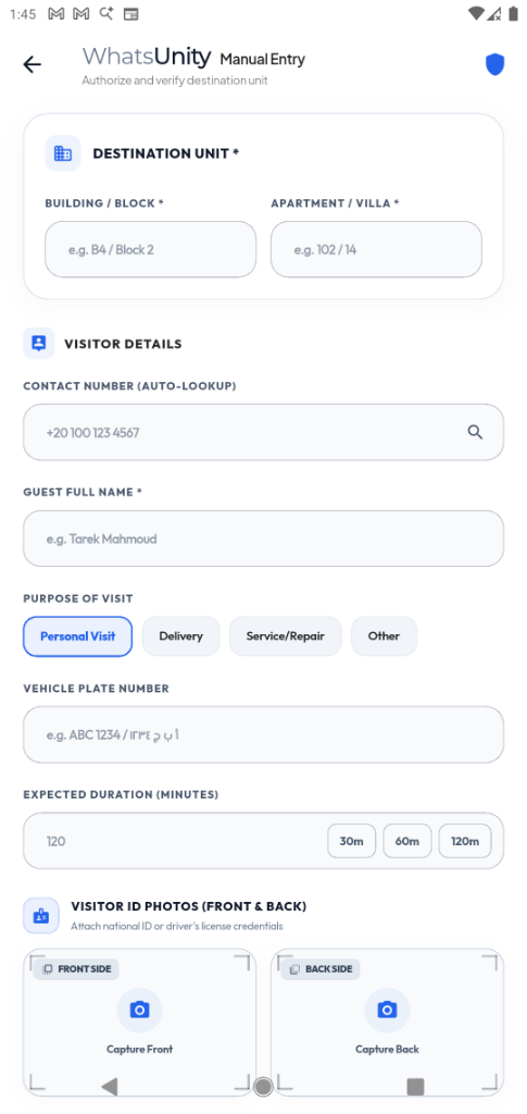 Gatekeeper Manual Visitor Entry & Smart Lookup Screen Mockup