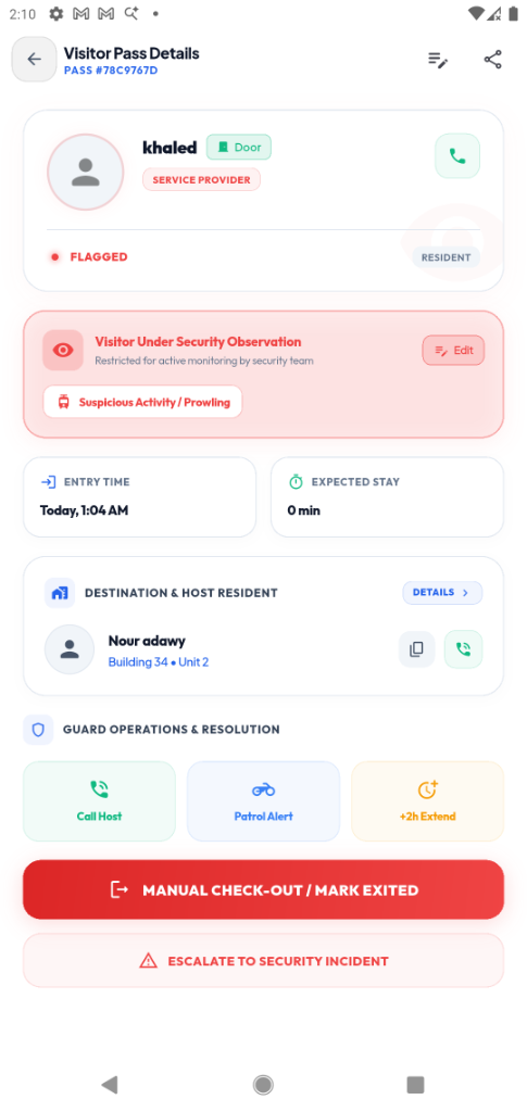 Gate Pass Operations & Security Details Screen Mockup