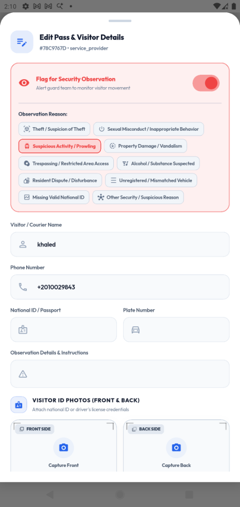Threat Matrix & Security Observation Flags Screen Mockup