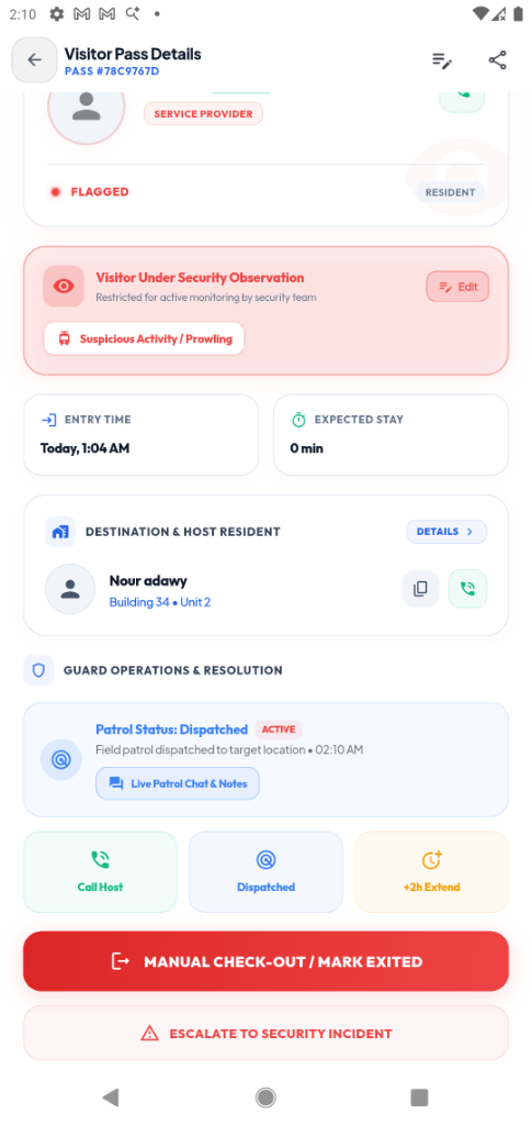 Overstay Protocol & Patrol Tactical Dispatch Screen Mockup